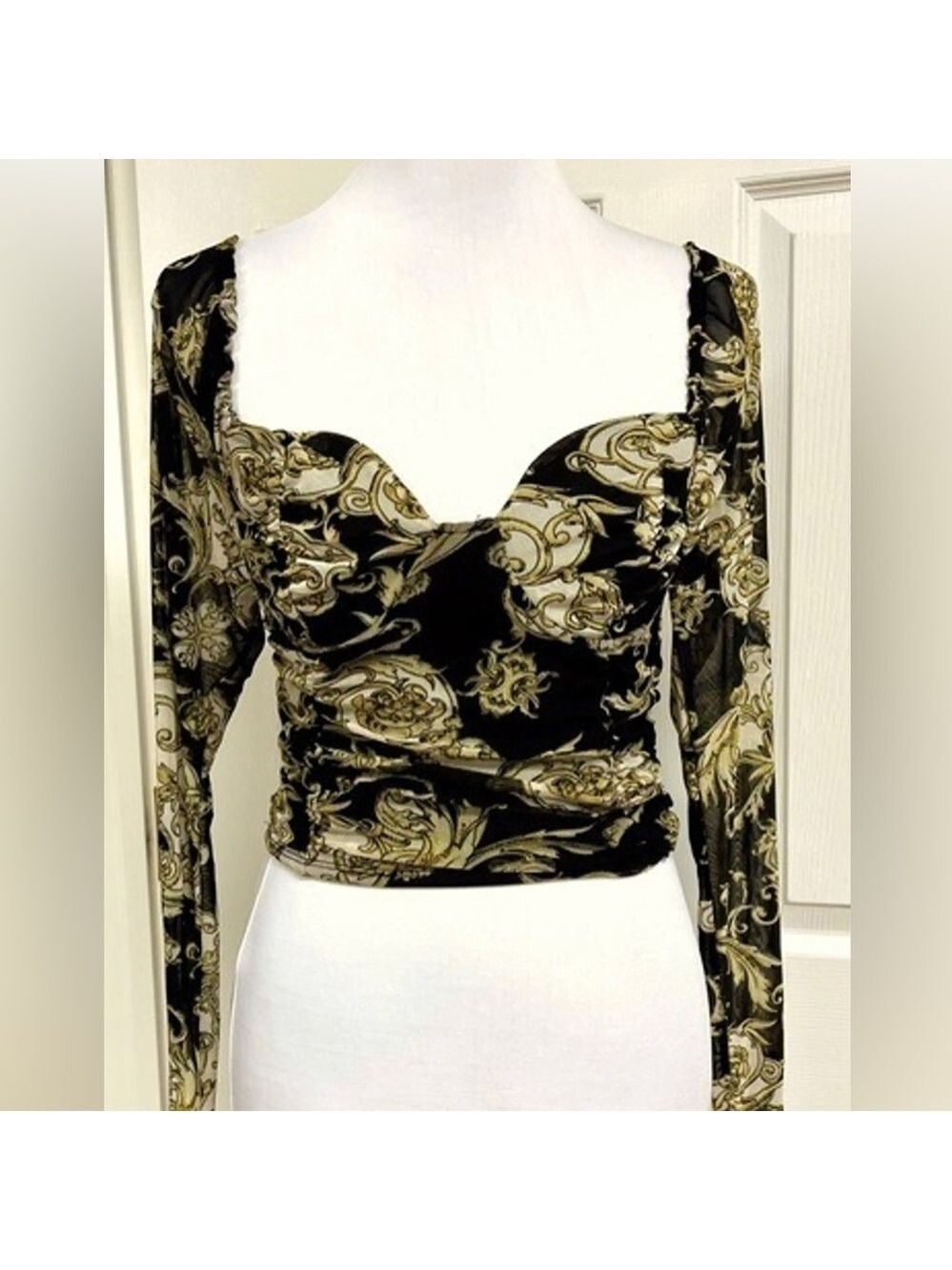 Princess Polly Versace pattern corset crop sheer long sleeve top small